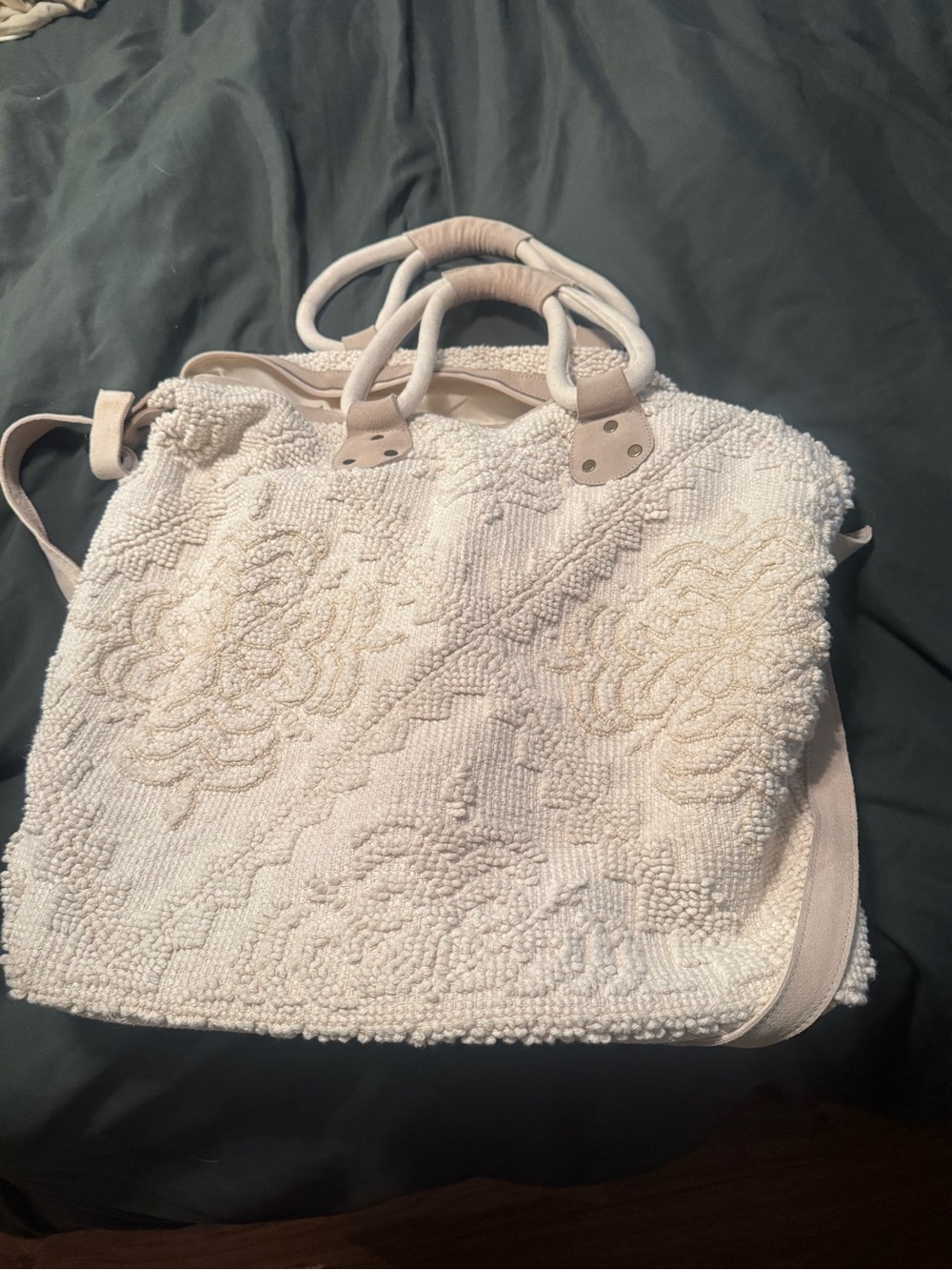 Textured Cream Beaded Tote Bag with Dual Handles